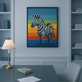 Vision digital canvas with pixel art zebra in modern office