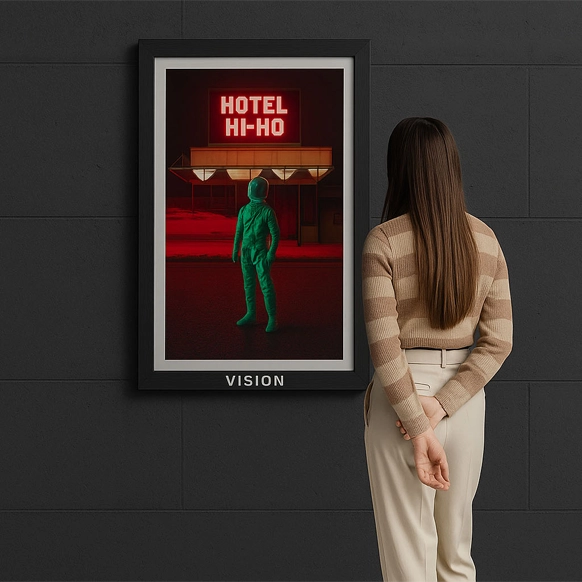 Girl seen from behind looking at a digital framed artwork on display