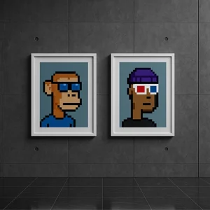 Pixel art NFT frames displayed in a digital gallery on a gray wall