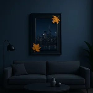 Night skyline painting with autumn leaves on display