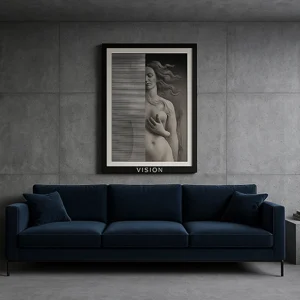 Black and white art photograph above a modern sofa