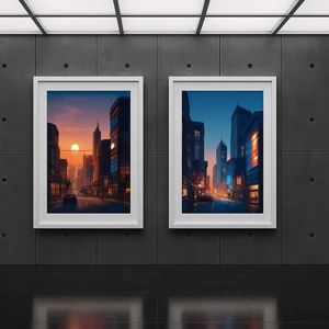 Two futuristic city and skyscraper paintings in exhibition