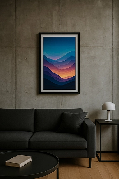 Framed digital painting of colorful mountains on a concrete wall