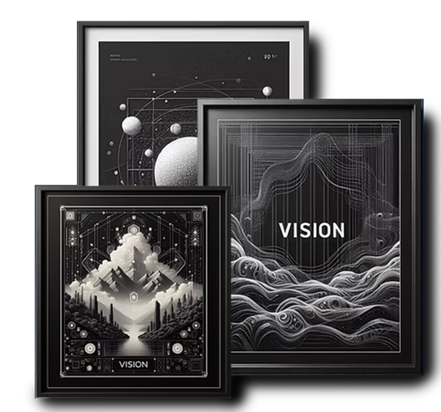 Black frame with Vision logo and embossed abstract design