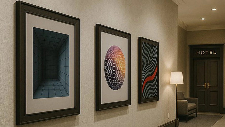 Digital frames in a luxury hotel hallway