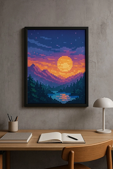 Framed digital painting of sunset over forest in an architecture studio