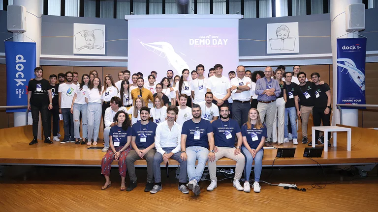 Group photo of participants and mentors at the Dock Startup Lab event in Rome, October 2025