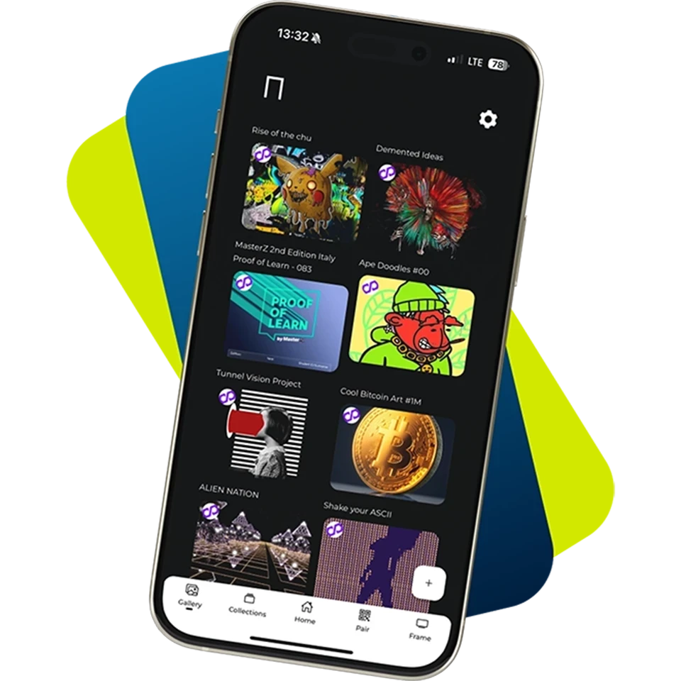 Smartphone displaying Vision App NFT gallery and management interface with digital art thumbnails